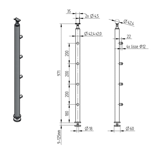 Poteau sur Marche 4 Lisses Inox – Ref. 34 - photo