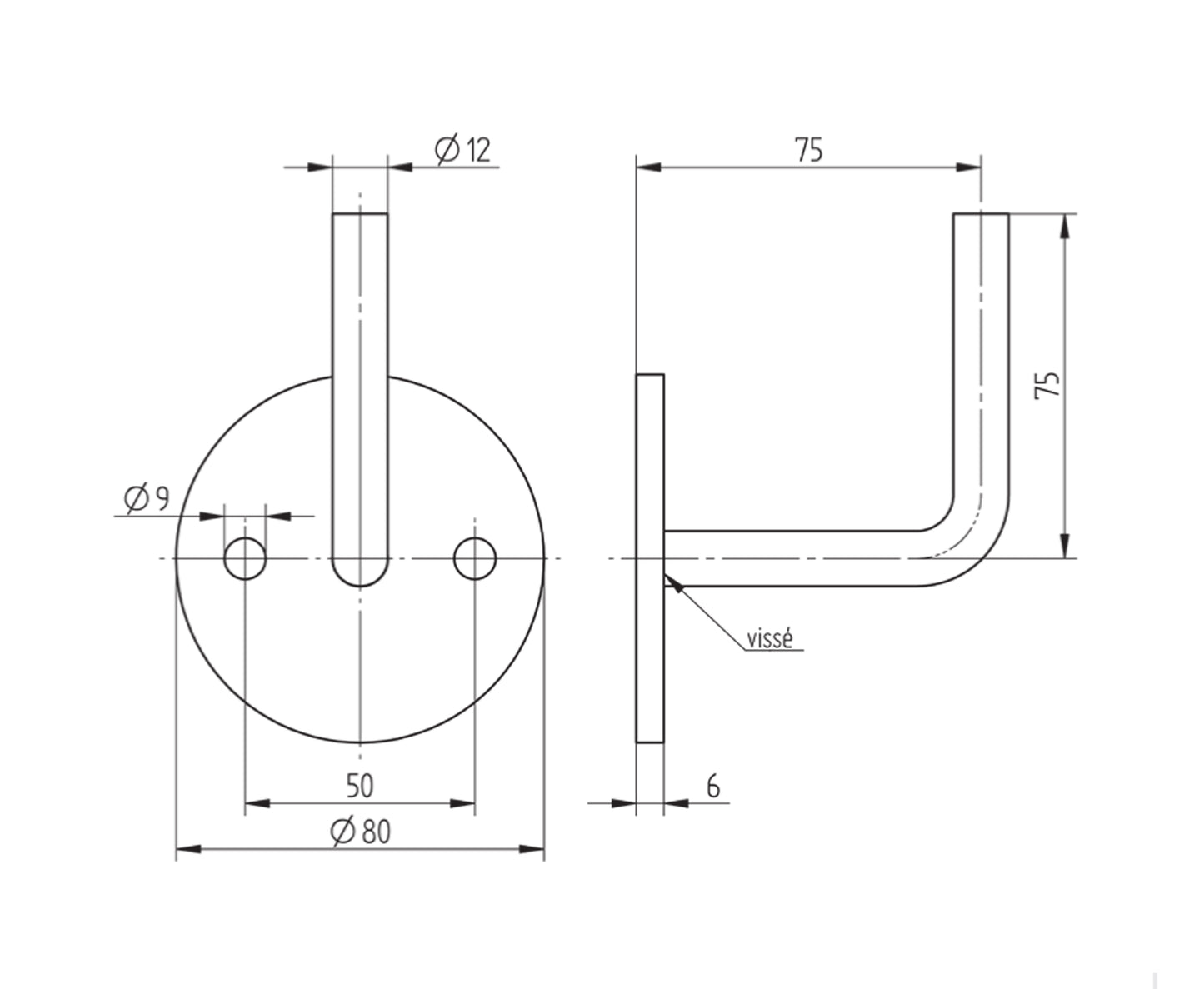 Support de Main Courante Inox – Support mural pivotant – Ref. 09 - schema