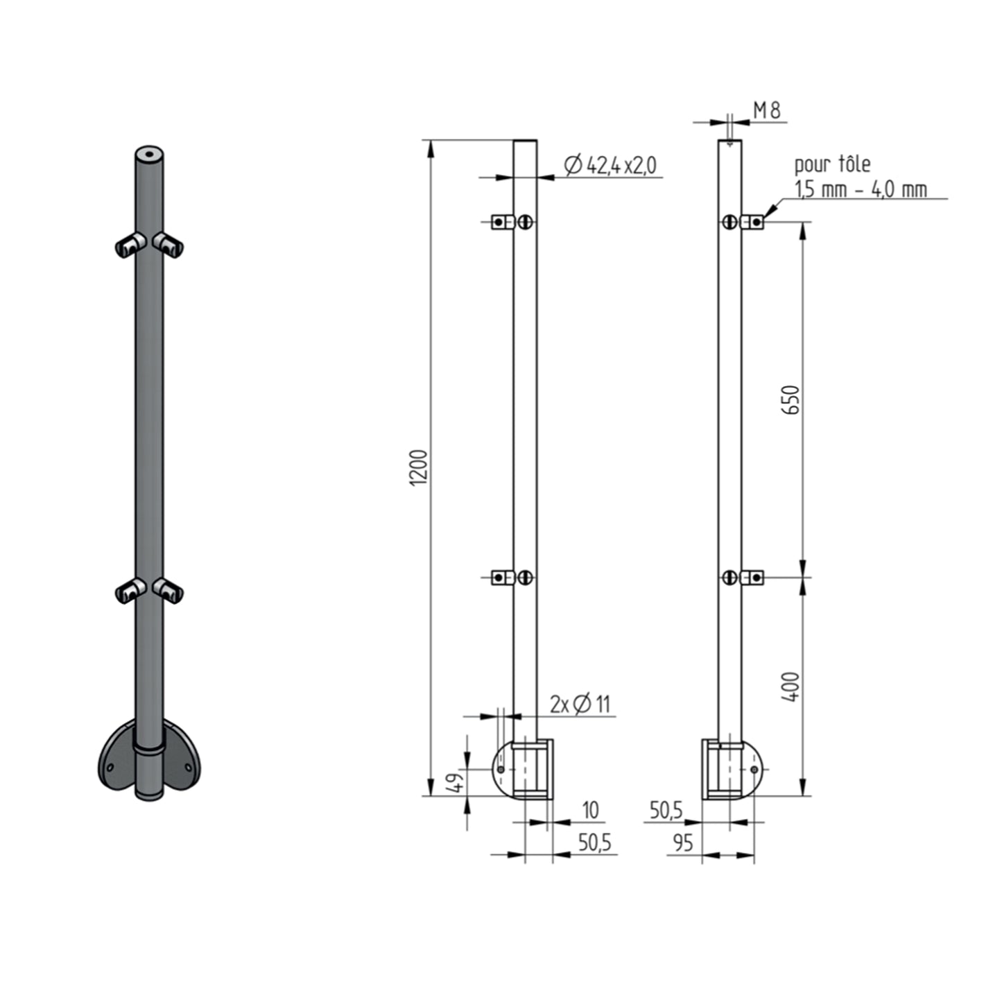 Poteau d'Angle Pinces Verre 6 Lisses Fixation Lat. Inox – Ref. 49 - photo