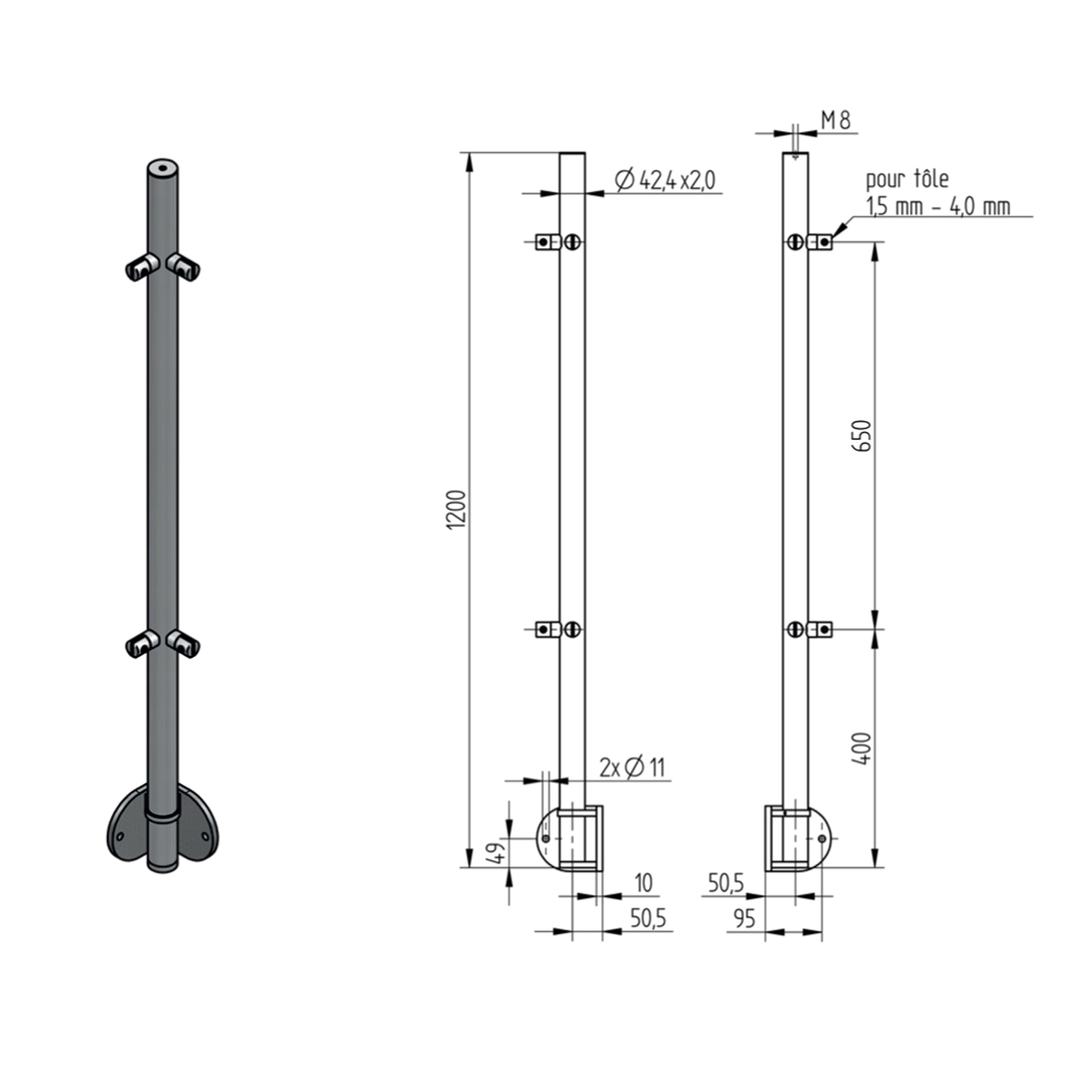 Poteau d'Angle Pinces Verre 6 Lisses Fixation Lat. Inox – Ref. 49 - photo