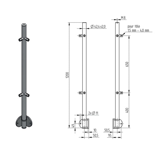 Poteau d'Angle Pinces Verre 6 Lisses Fixation Lat. Inox – Ref. 49 - photo