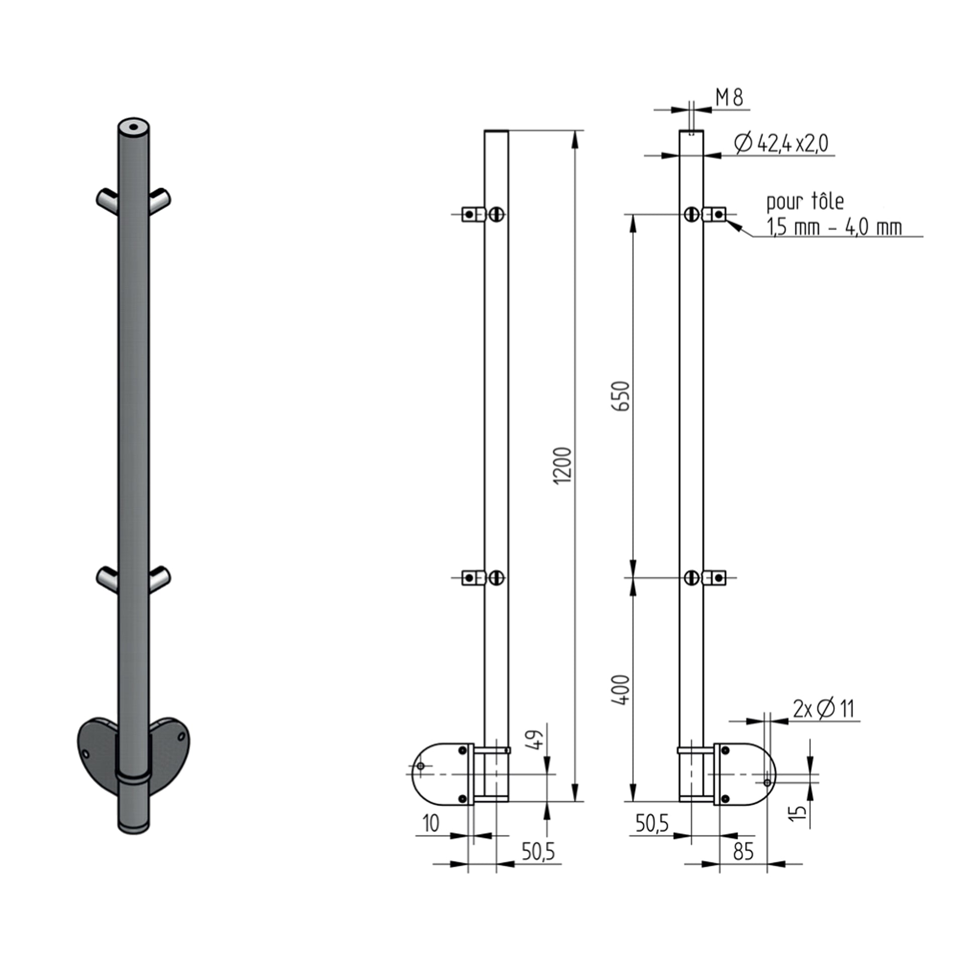 Poteau d'Angle Pinces Verre Fixation Lat. Inox – Ref. 50 - photo