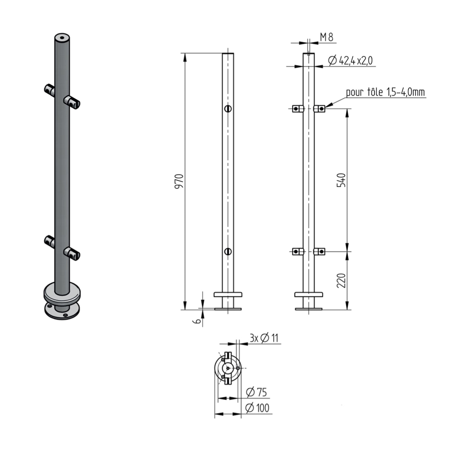 Poteau Intermédiaire 2 Lisses Inox – Ref. 29 - photo