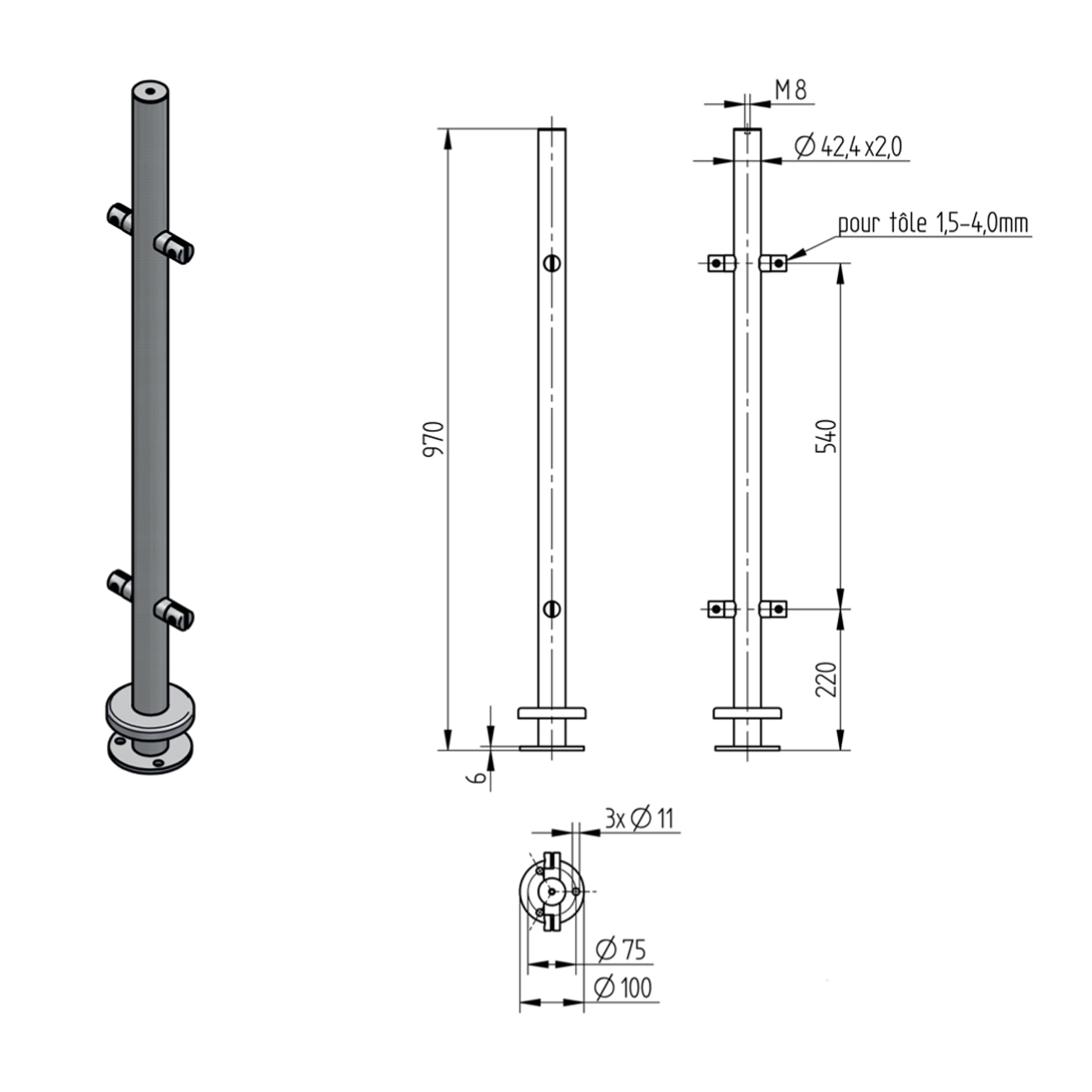 Poteau Intermédiaire 2 Lisses Inox – Ref. 29 - photo