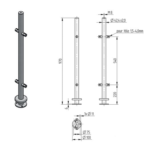 Poteau Intermédiaire 2 Lisses Inox – Ref. 29 - photo