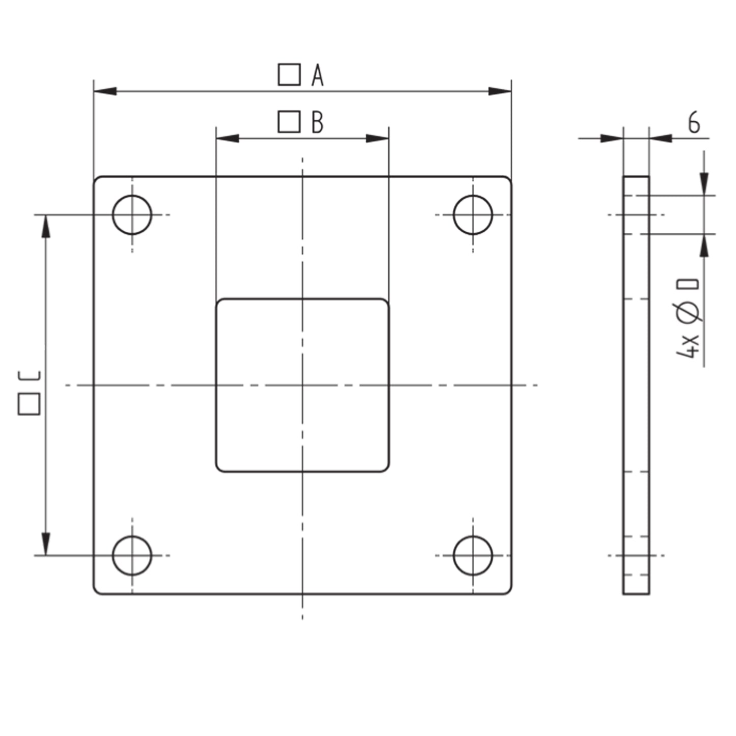 Platine à Visser et à Souder Carrée Perforée Inox – Ref. 29 - schema