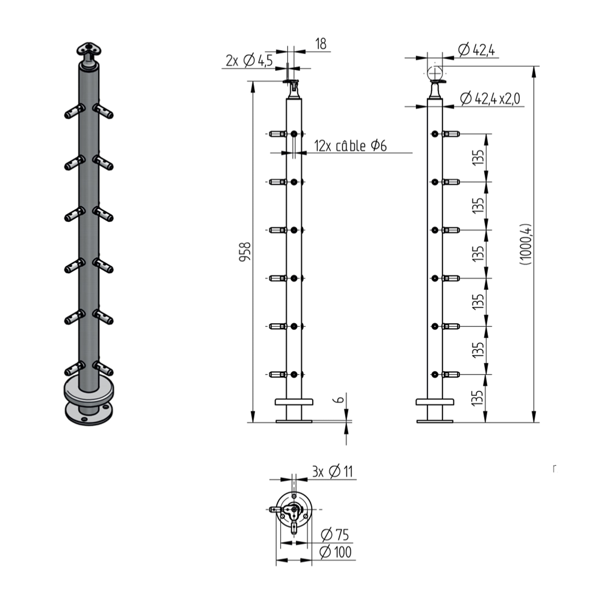 Poteau d'Extrémité Inox – Ref. 19 - photo